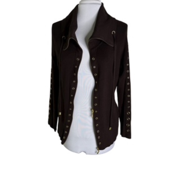 Cache Long Sleeve 2-Way Zipper Adorned with Brass Eyelets Brown Cardigan Size L - Picture 1 of 9